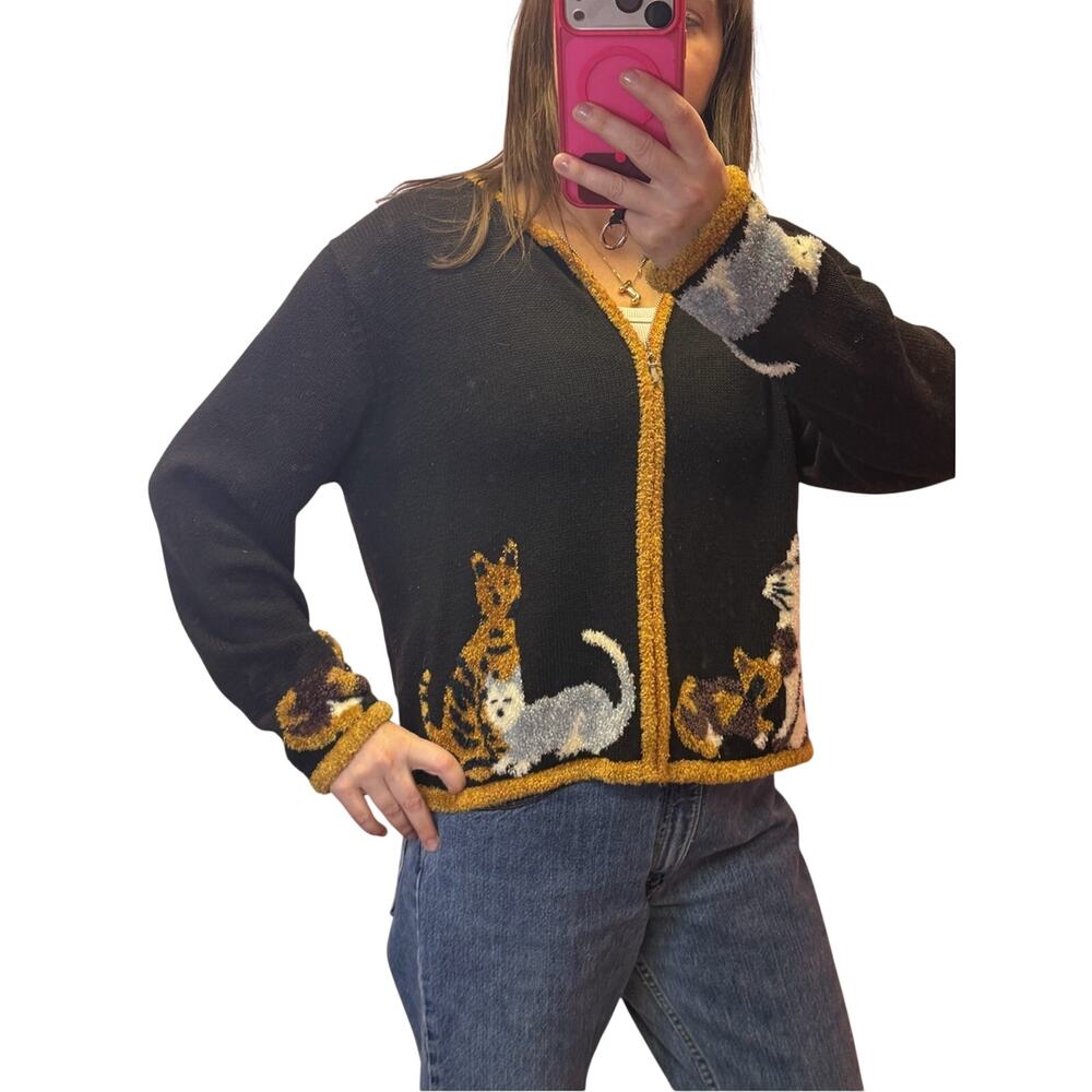 VTG 90S CHRISTOPHER & BANKS large CAT LADY ZIP UP CARDIGAN